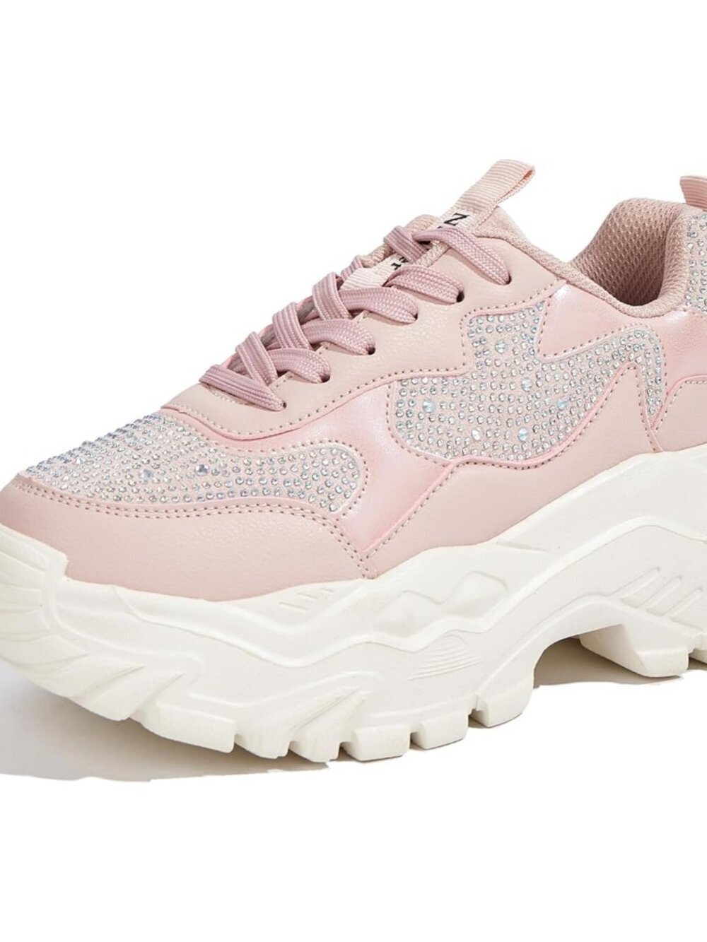 Women's Pink Rhinestone Chunky Lace Up Shoes Comfortable Walking Sneakers Shoes